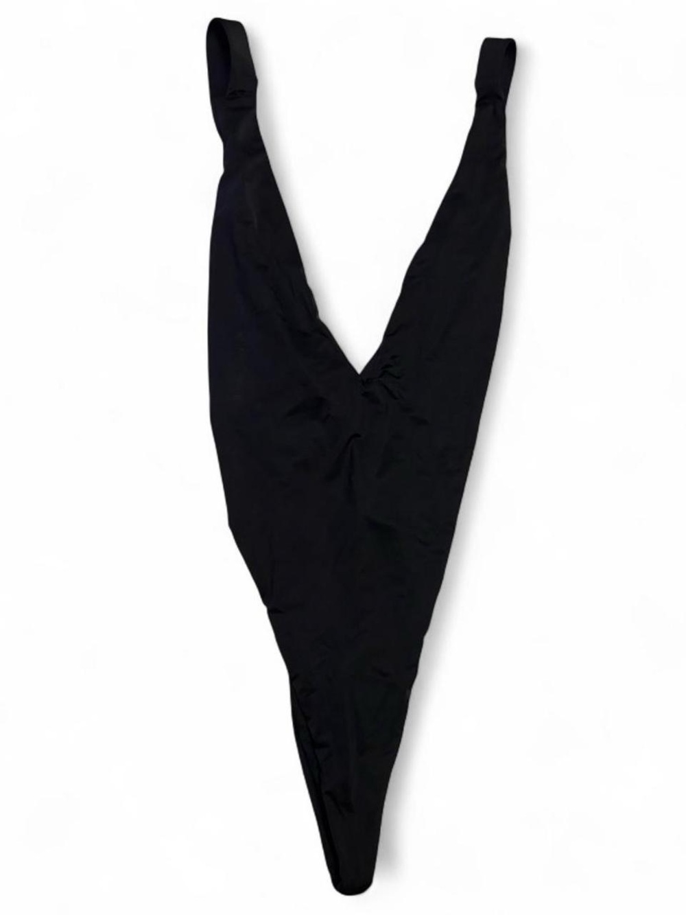 TOBI black one piece with deep v neck, cross back, and scrunch bottoms